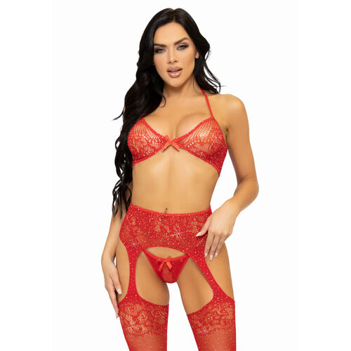 LEG AVENUE - THREE PIECES SET BRA, STRING AND STOCKING ONE SIZE - RED