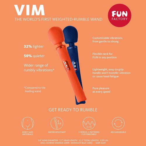 FUN FACTORY - VIM SILICONE RECHARGEABLE VIBRANT LESTÉ RUMBLE WAND SUNRISE ORANGE