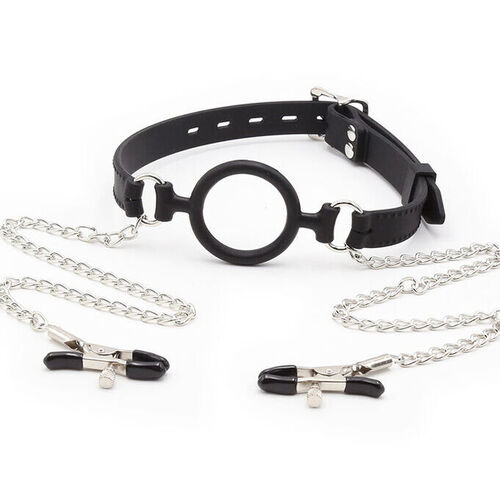 OHMAMA FETISH - RING GAG WITH CHAINS AND NIPPLE CLAMPS