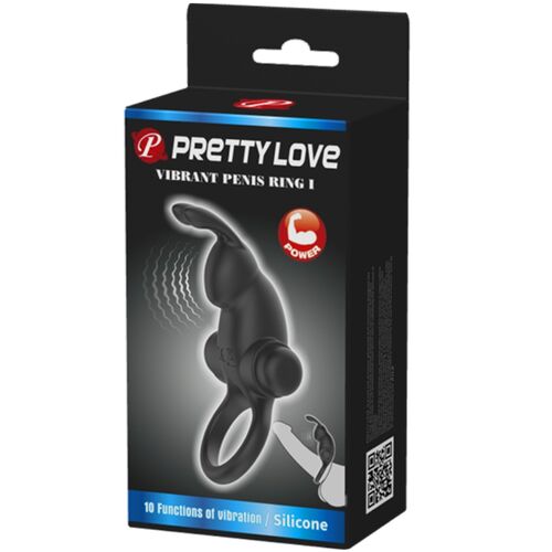 PRETTY LOVE - ANELLO VIBRANTE + STIMOLATORE CLITORIDEO CONIGLIO 10 VIBRAZIONI NERO