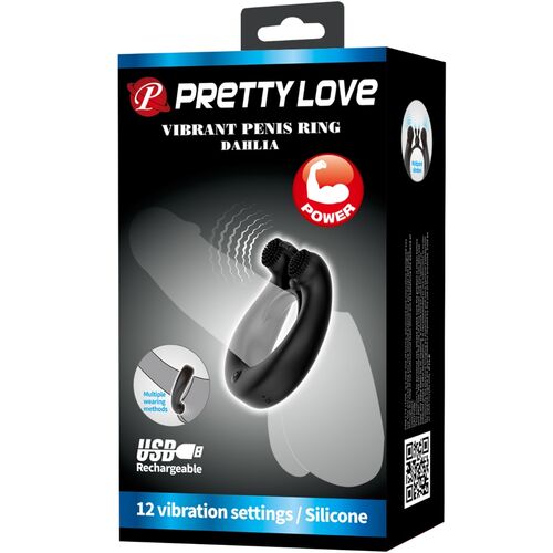 PRETTY LOVE - ANELLO VIBRANTE DAHLIA + STIMOLATORE CLITORIDEO 12 VIBRAZIONI NERO